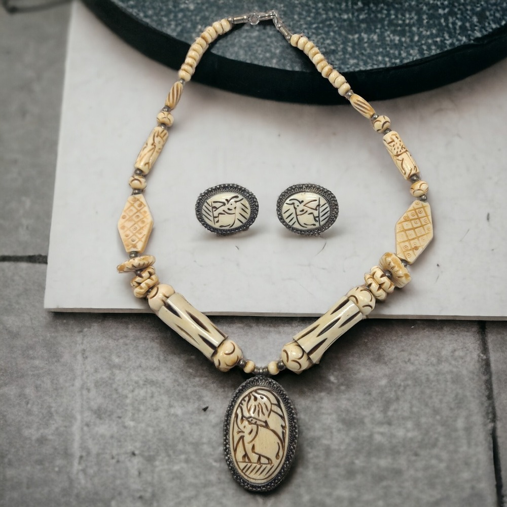 Vintage Boho Necklace Earrings Set Carved Bone African Elephant Silver Tone